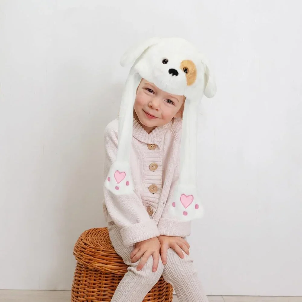 Kids Puppy Animal Hat with Ears Moving Jumping Pop Up Beating Plush Holiday